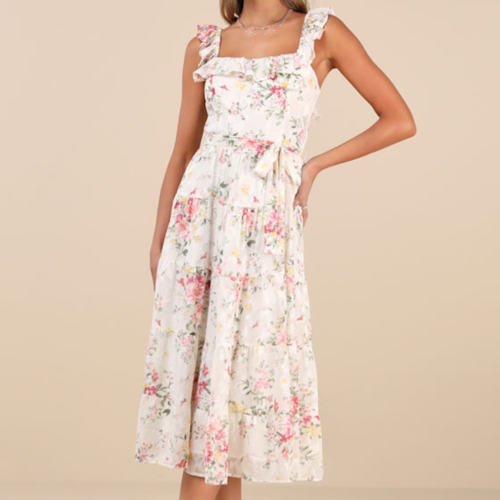 Lulus Shela Ivory Floral Jacquard Tiered Midi Dress White - Size S